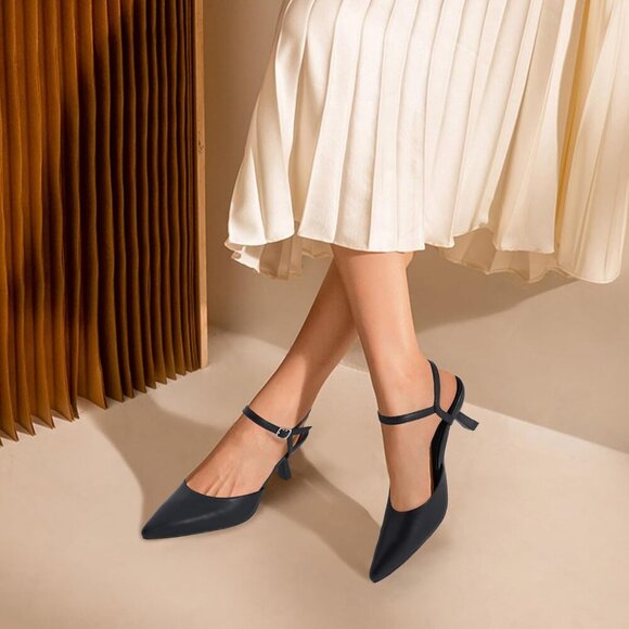 🆕Black Faux Leather Women's Pointed Toe Kitten Heels Ankle Strap Wedding Shoe - Picture 6 of 6